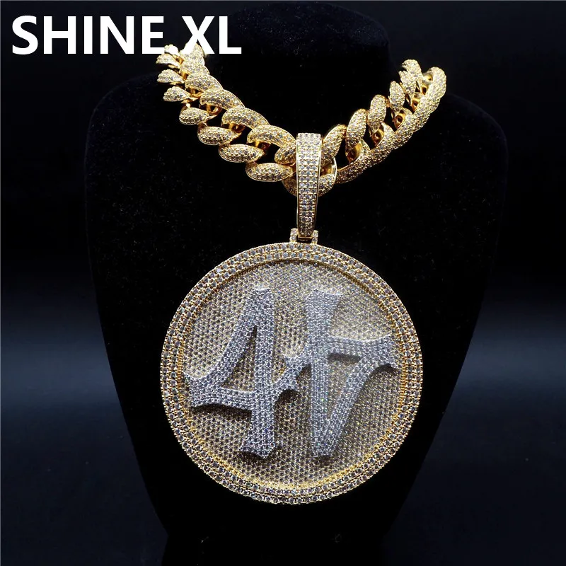 Iced Out Big Round Spinner número 44 colgante collar chapado en oro para hombre Hip Hop Bling joyería regalo