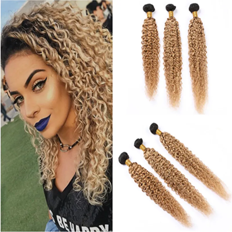 # 1B 27 Extensions de cheveux de racine foncée Crépus Bouclés Ombre Faisceaux de Cheveux Humains Miel Blonde Ombre Brésilienne Bouclée Vierge Cheveux Tisse 3 Faisceaux