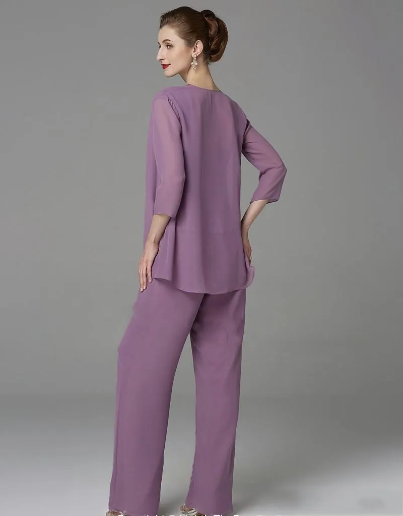 Real Sample New Fashion 2022 Mothers Pants Suit Three Pieces Lace Chiffon Purple Long Mother Of The Bride Dress Wedding Party Gown From Veralove999, $91.14