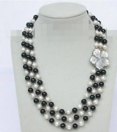 FREE SHIPPING 17"-19" 8mm 3row round white freshwater pearl black necklaCE