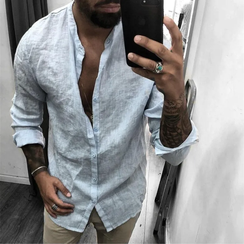 Male Shirt Mens Breathable Solid Color Shirt Casual Long Sleeve Stand Collar Fashion Slim Fit Simple Designer
