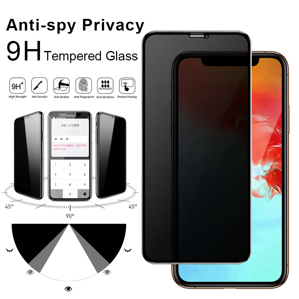 Vidrio templado de privacidad de alta calidad para iPhone X XS Max XR 8 Plus Protector de pantalla antiespía Dureza 9H Cubierta completa Sin paquete