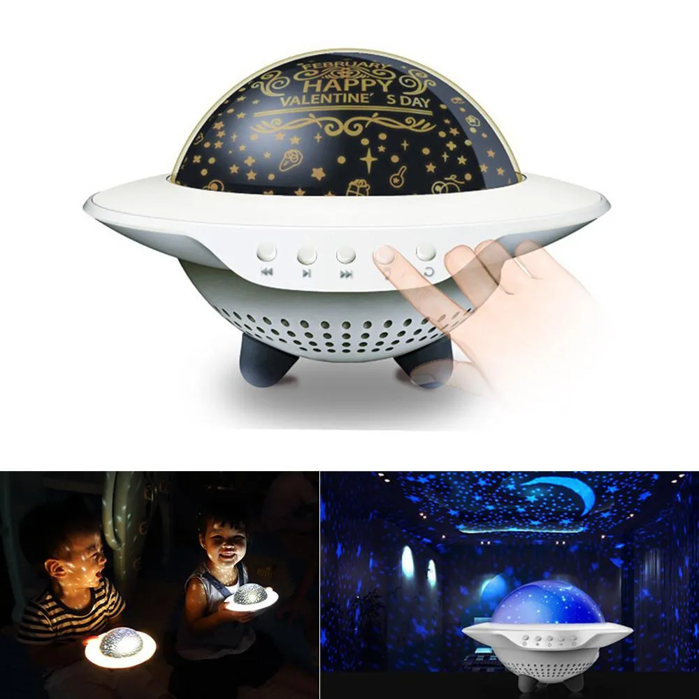 Proiettore Star Moon con altoparlante Bluetooth musicale Luce notturna a LED per bambini Comodino per bambini UFO ruota lampada di proiezione Regalo di compleanno di Natale