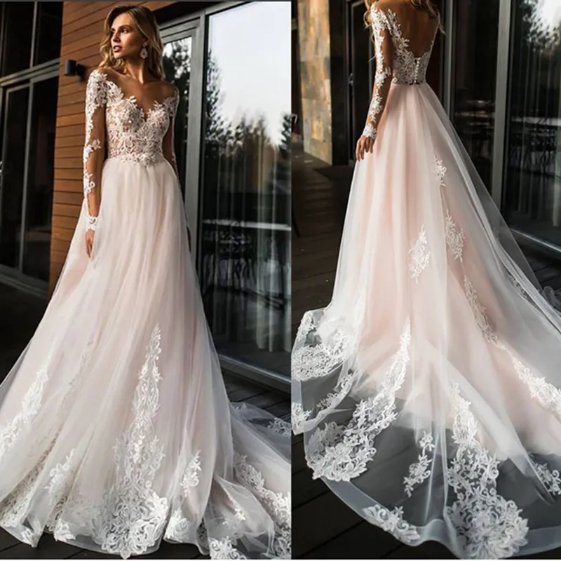 2022 Blush Pink Avorio Manica lunga Abito da sposa Abiti da sposa Maniche lunghe Illusione Applique in pizzo Scoop Vedi anche se Indietro Abiti da sposa