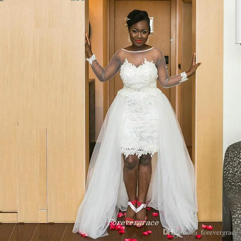 2019 elegant vit färg spets tulle bröllopsklänning med avtagbar kjol hög kvalitet ren topp långärmad kvinna bär brudklänning plus storlek