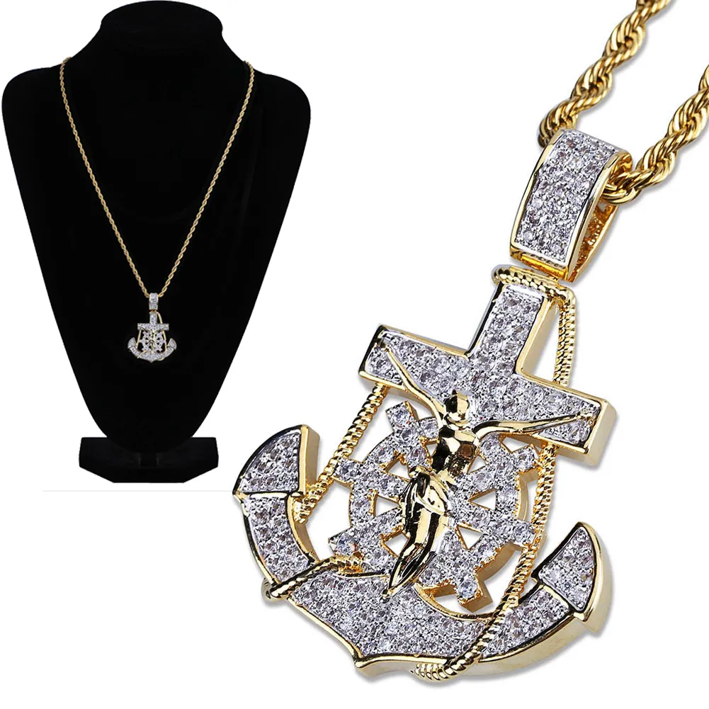 New 18K Gold Plated Iced Out Cublic Zirconia Vintage Anchor Pendant Necklace Twist Chain 2 Colors Hip Hop PunkRock Jewelry Gifts for Guys