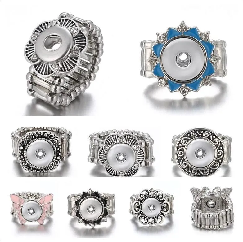 Vintage Silver Noosa Chunks Ginger Snap Button Smycken Elastiskt rep Justerbar 12mm Snap Button Ring För Kvinnor män smycken