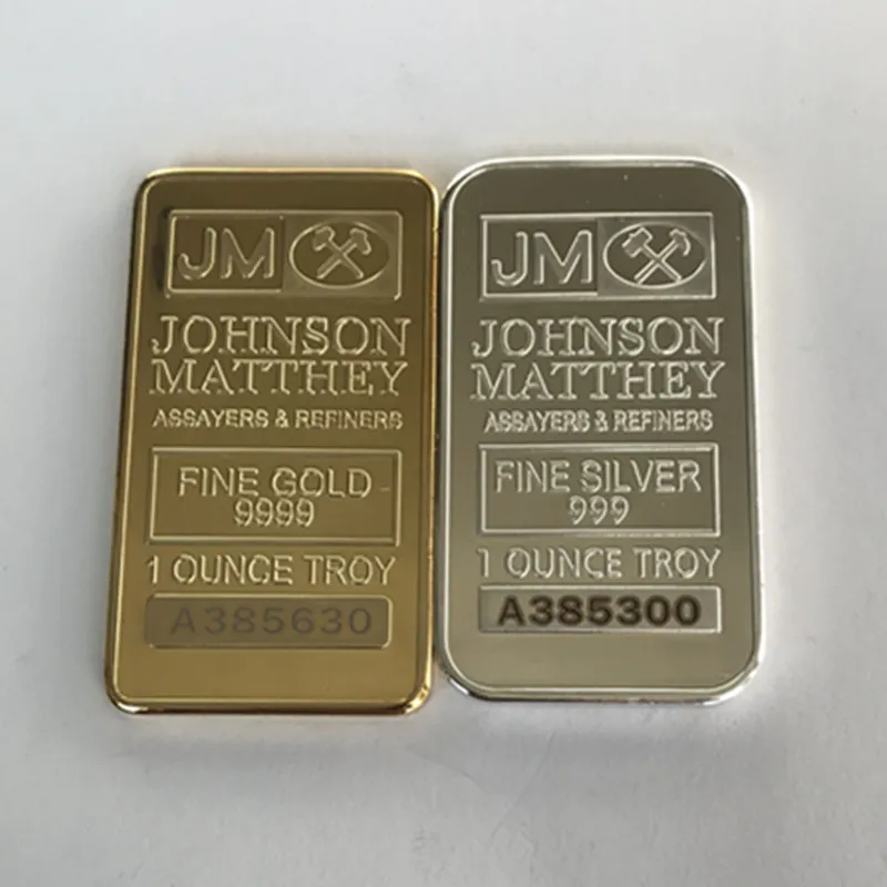 100 st ej magnetiska johnson matthey sivler guldpläterade barer 50 mm x 28 mm 1 oz jm mynt dekoration bar med olika laser serienummer