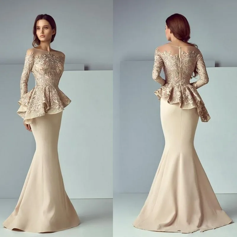 Szampański Syrenka Suknie Wieczorowe Sheer Neck Peplum Koronka Satyna Długi Rękaw Dubaj Arabski Formalny Prom Dress Matka panny młodej Sukienka