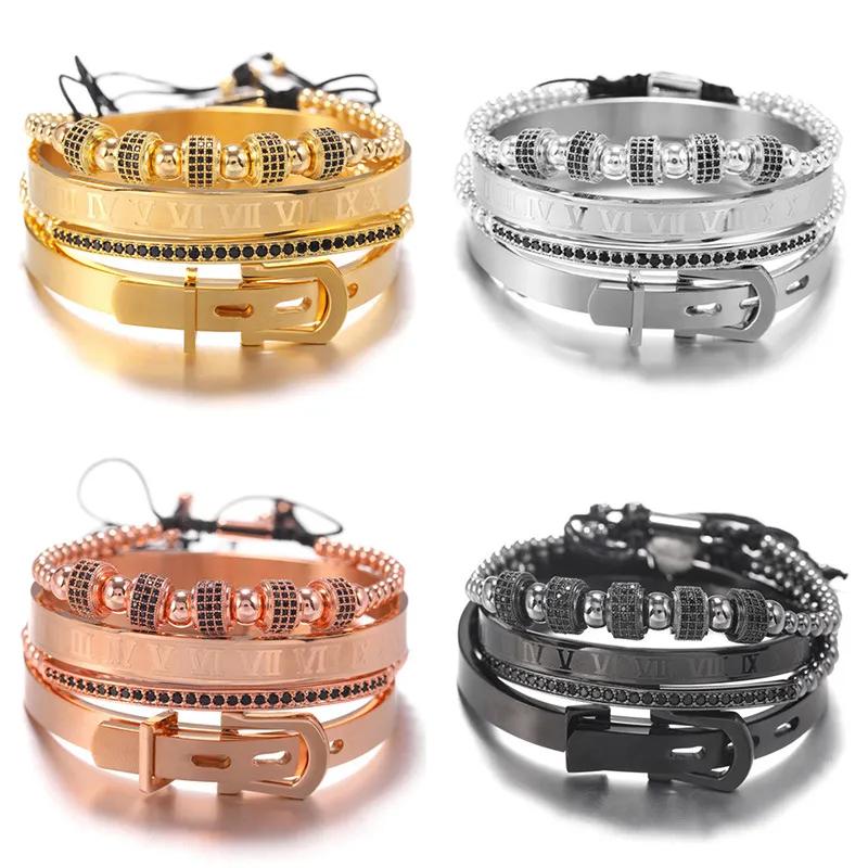 4 pcs conjunto de combinação homens mulheres bracelete frisado Pave Microzircon Stoppers Brianças Macrame Palavras Romanas Pulseira 316L Pulseira De Aço Inoxidável