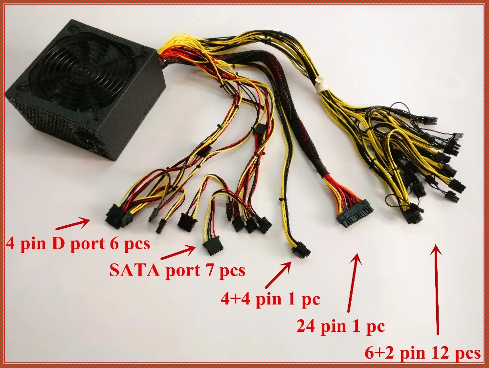 Freeshipping ETH-Miner-Netzteil (mit Kabel), 1600W 12V 120A-Ausgang. Inklusive 27pcs 4pin 4 + 4pin 6 + 2pin 24pin SATA-Anschlüsse.