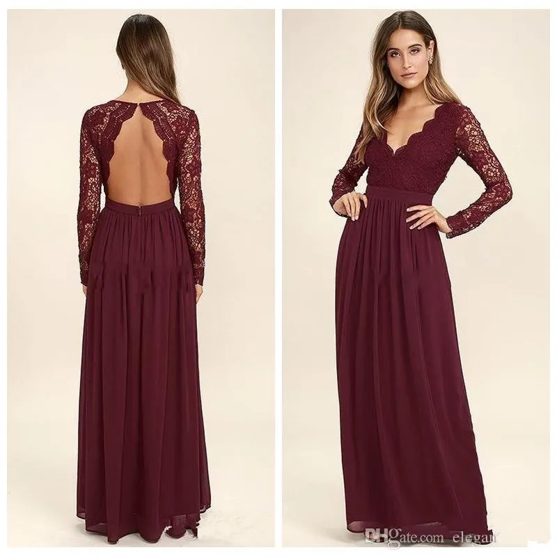 New Dark Red Open Back Chiffon 신부 들러리 드레스 긴 슬리브 컨트리 스타일 V- 넥 Backless Long Beach Lace Top Wedding Party 가운