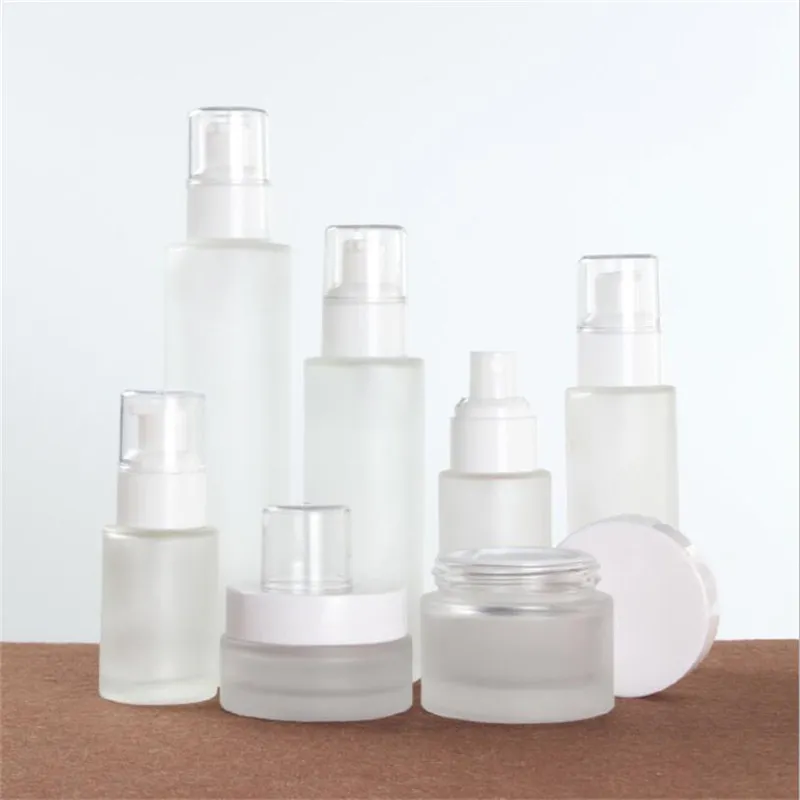 20ml 30ml 40ml 50ml 60ml 80ml 100ml 서리로 덥은 유리 병 크림 항아리 로션 스프레이 펌프 병 휴대용 재충전 가능한 화장품 컨테이너