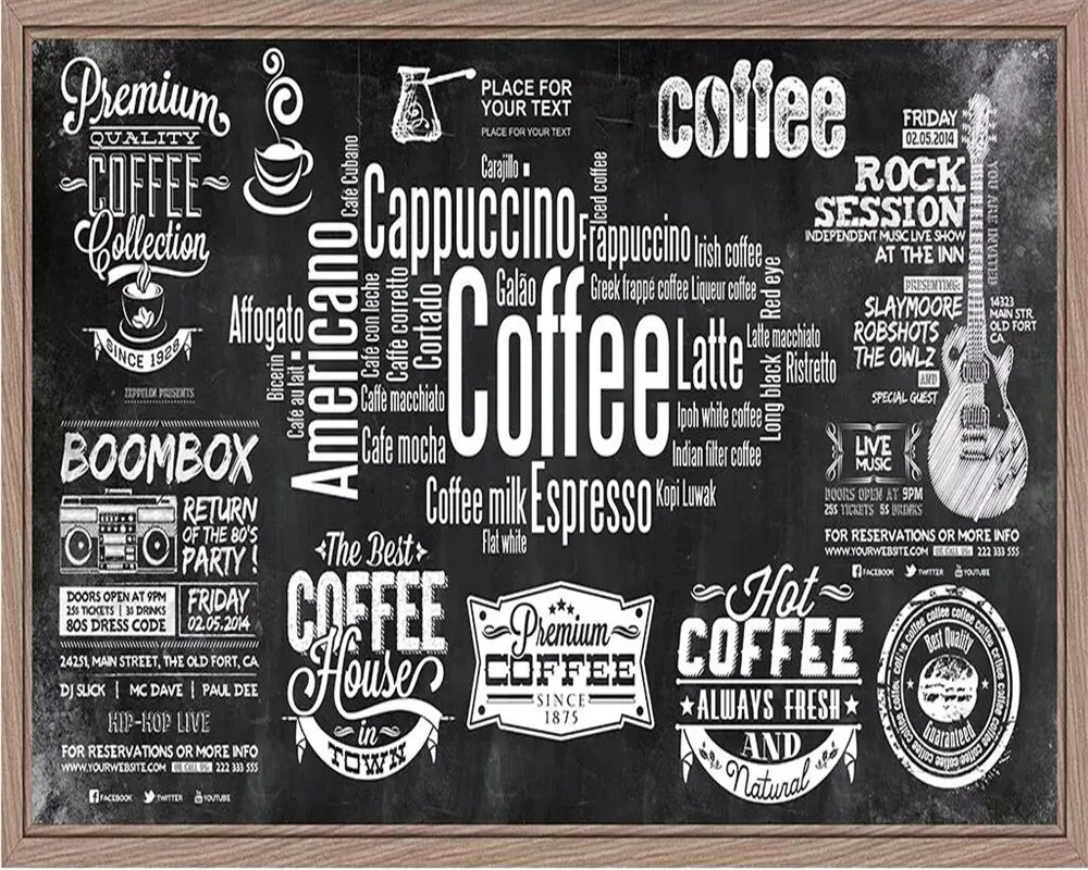 Beibehang Custom wallpaper European chalkboard newspaper cafe retro tooling background wall black white letters theme wallpapers