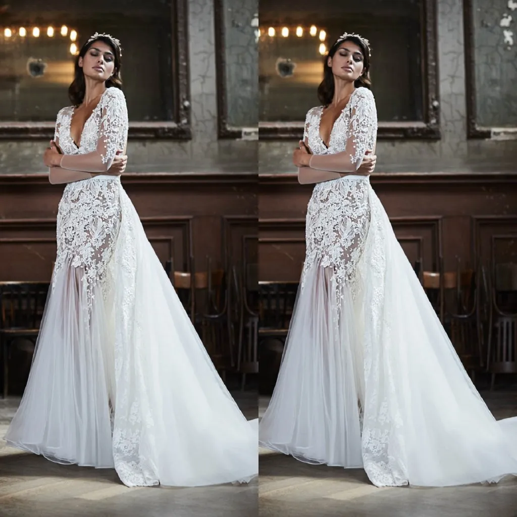 Luxe Sirène Maisonsignore Robes De Mariée Col En V À Manches Longues Tulle Dentelle Applique Ruché Robe De Mariée Balayage Train Personnalisé robe de mariée