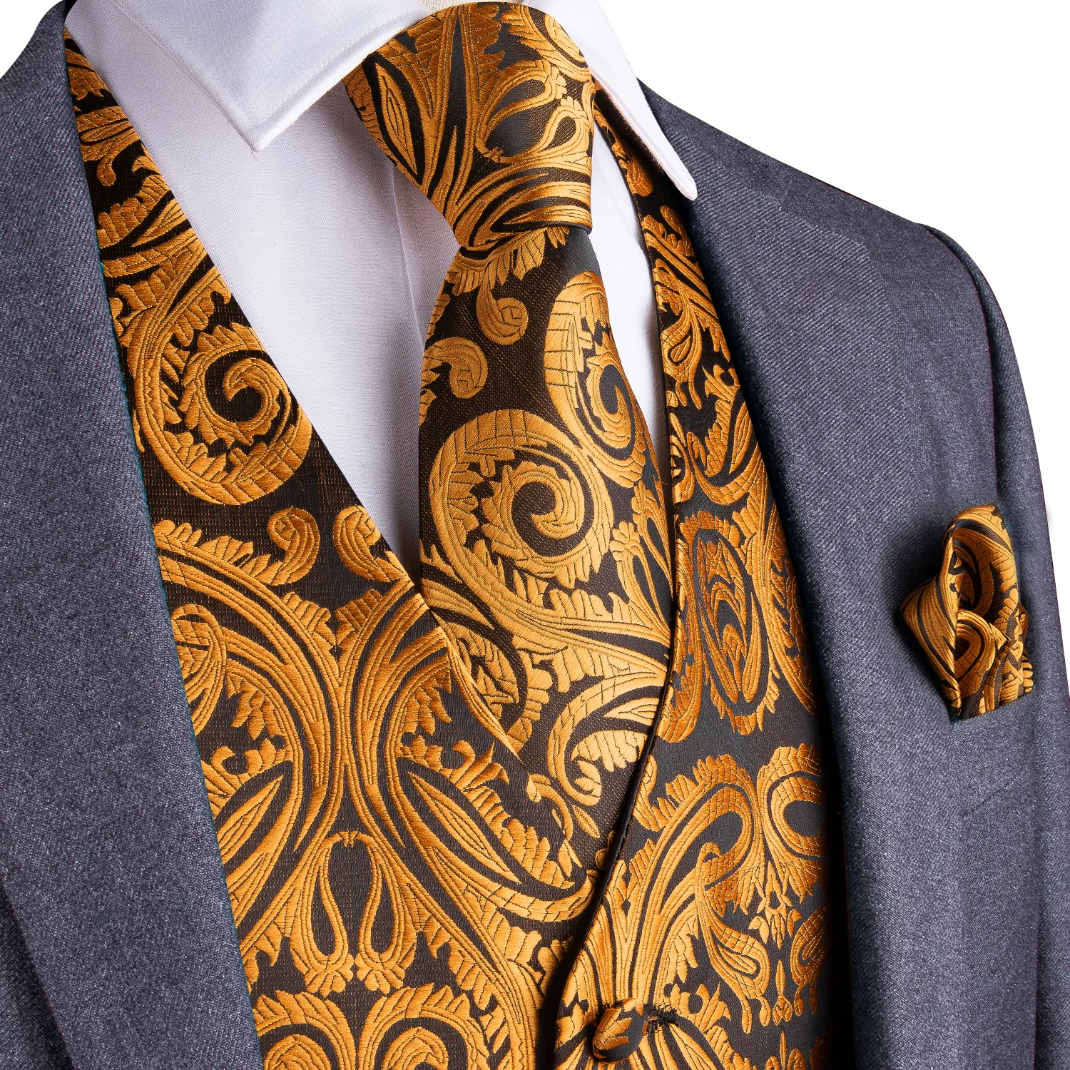 Fast Shipping Men's Luxury Gold Paisley Silk Jacquard Waistcoat Vest Handkerchief Cufflinks Party Wedding Tie Vest Suit Set MJ-0101