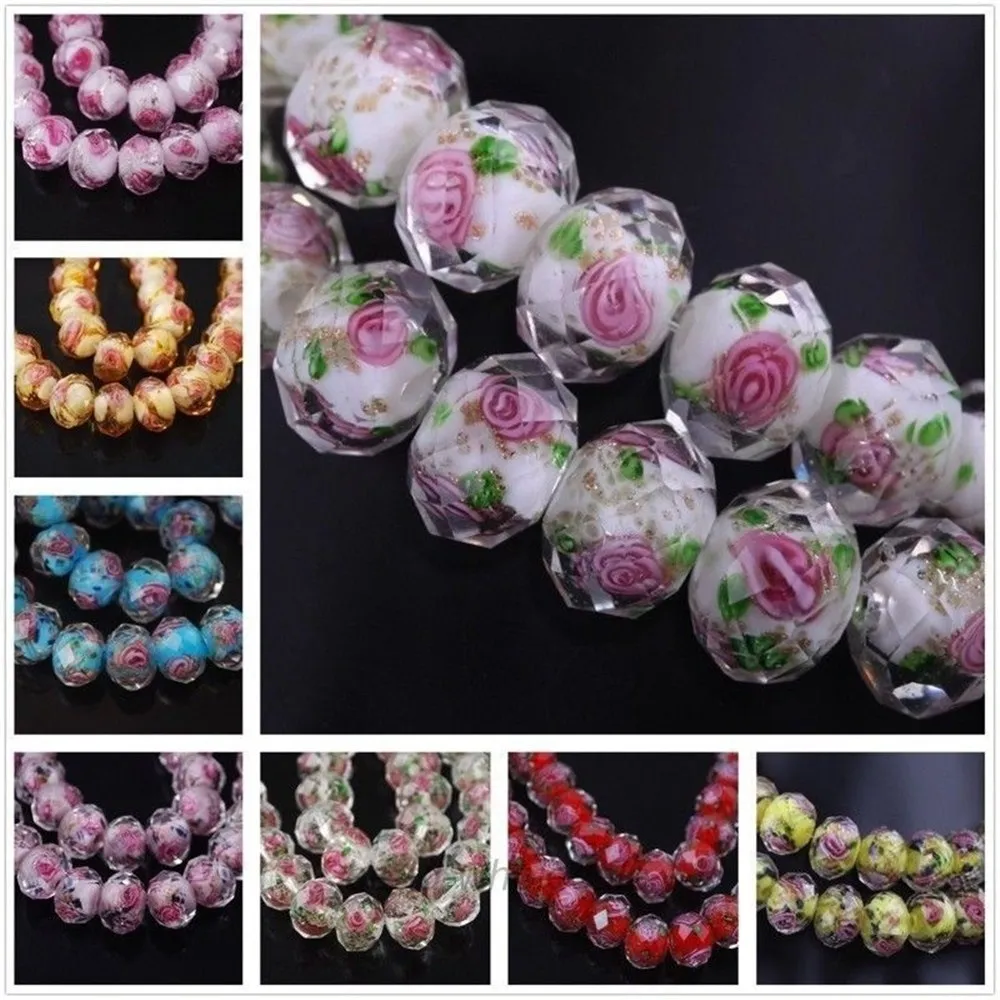 80Pcs Lampwork Fleurs À Facettes Perles De Verre 10 * 8mm Floral Rondelle Charme Accessoires pour La Fabrication De Bijoux DIY Bracelet Pendentif Collier