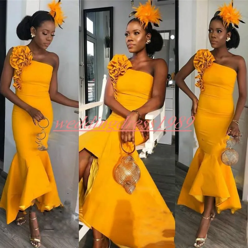 Trendy African High Low Mermaid Evening Dresses Yellow 2019 Ruffle Cocktail Plus Size Pageant Gowns Special Occasion Prom Dress Party Formal