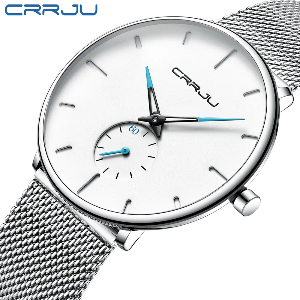 Crrju Mens Watches Top Brand Luxury Black Quartz Men Watchドロップメッシュストラップカジュアルスポーツ男性Relogio Masculino 2150323y