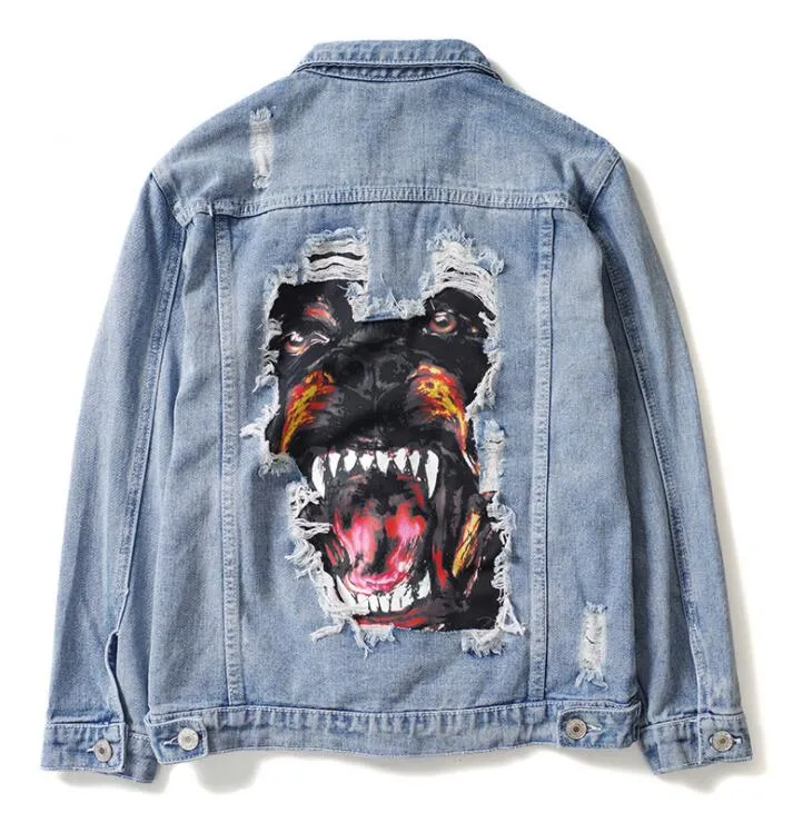 Jeans Jacket Marca Homens Luxo Fino Rasgado Buracos Denim Jaqueta Elegante Do Vintage Bomber Cão Jaqueta de Impressão Casacos Básicos