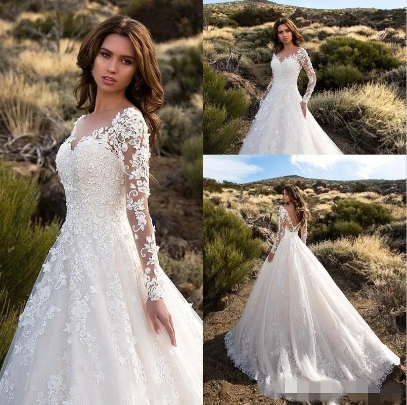 Modest Sleeves 2019 Long A Line Dresses V Neck Lace Appliqued Sweep Train Plus Size Wedding Bride Gown Vestido De Novia ppliqued estido