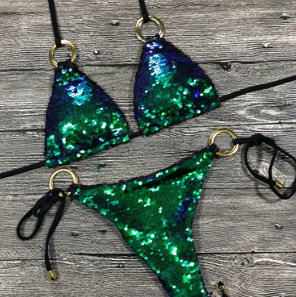 Katı Bikini Seksi Mayo Halter Mayo Mayo Kadın Bling Pullu Bikini Set Plaj Giymek Glitter