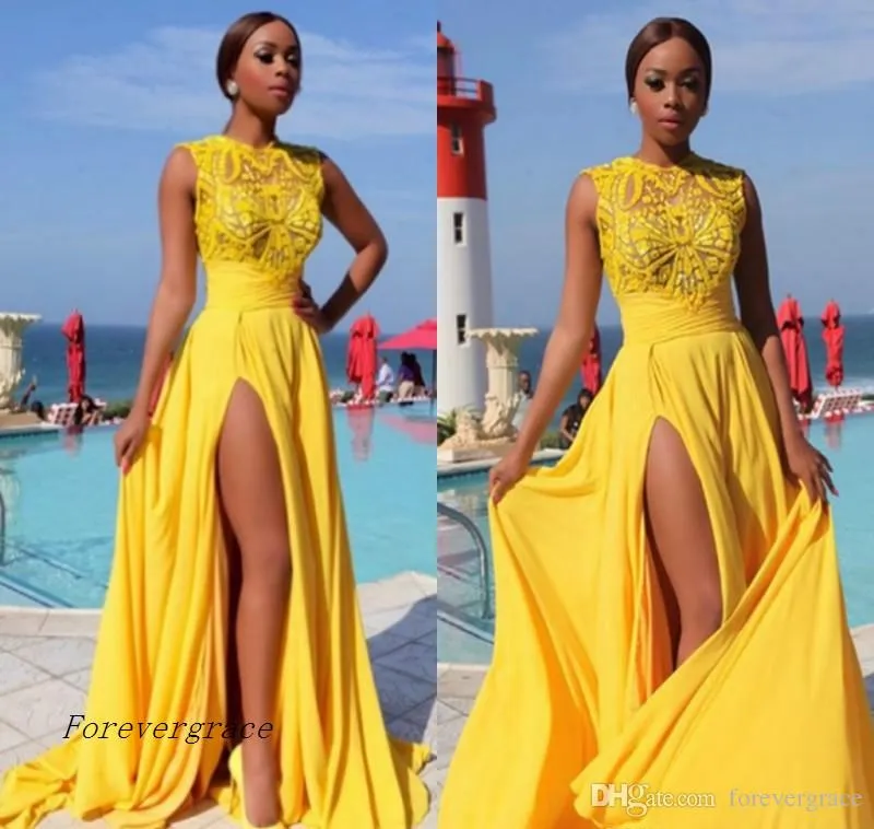 2019 Simple Yellow Chiffon Prom Dress Árabe barato alta de Split verão sexy Formal Holidays desgaste da noite Partido Vestido Custom Made Plus Size