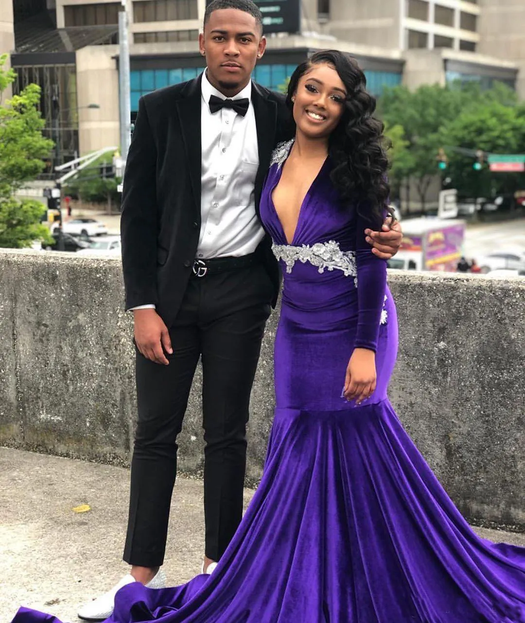 Purple Velvet Mermaid Prom Dresses Deep V Neck Beaded Long Sleeves Evening Gowns Plus Size Formal Dress Wear