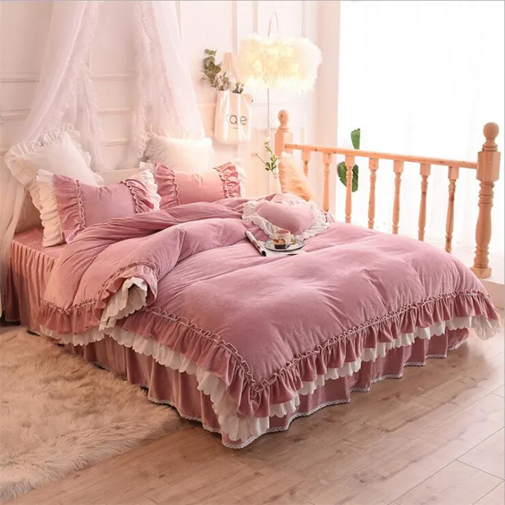 ロマンチックなレースプリンセスベッドスーツキルトカバー4写真フリル布団寝具セットホームテキスタイル