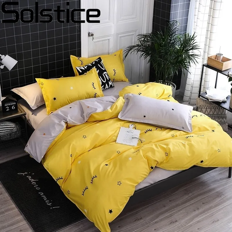 Solstice Home Textile Yellow Grey Eye Enkel Sängkläder Satser Duvet Cover Pillowcase Flat Sheet Boy Tonåring Vuxen Tjejer Sängkläder Queen T200110