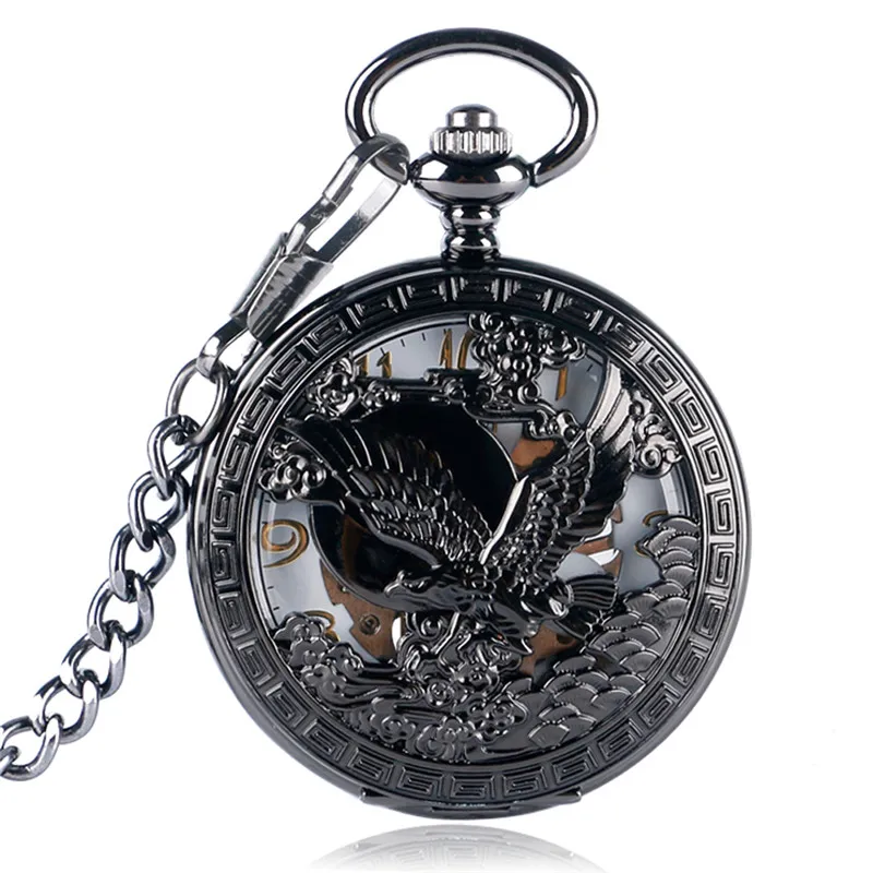 Steampunk Bronze Watches Black Hollow Eagle Hand-winding Mechanical Pocket Watch Men Women Skeleton Arabic Number Dial Clock Pendant Chain