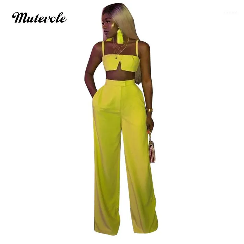Mutevole Summer Casual 2 Piece Sets Womens Crop Top and Pants Outfits Two Piece Set Spaghetti Strap Tank Wide Leg Trousers Set1
