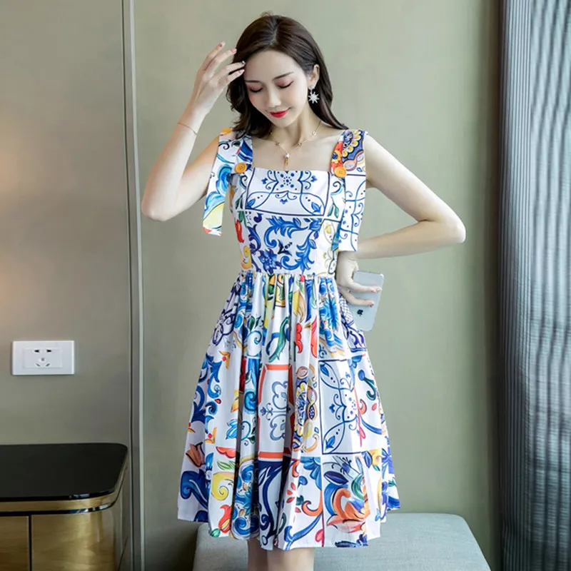 Blue And White Porcelain Blue Floral Dress With Flower Print And