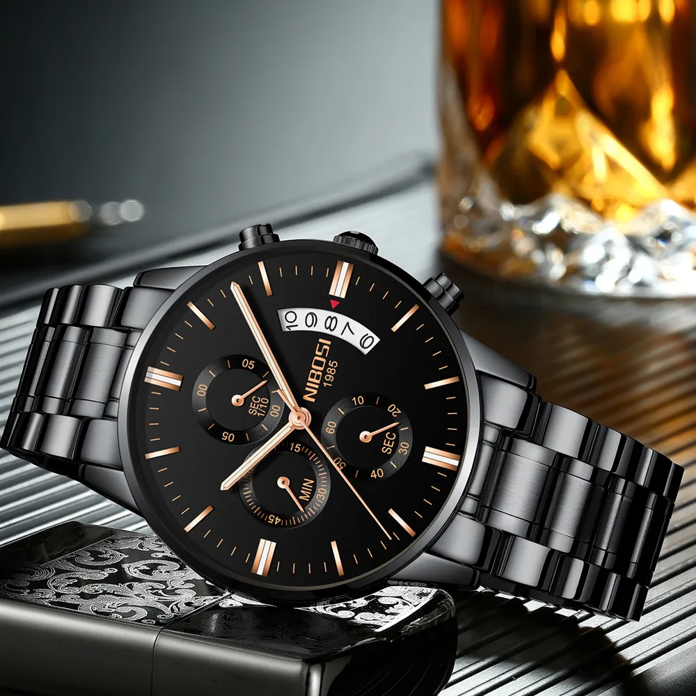 5A NIBOSI Chronograph męskie zegarki Top marka luksusowy zegarek biznesowy mężczyźni zegar Relogio Masculino wodoodporny kwarcowy złoty zegarek na rękę