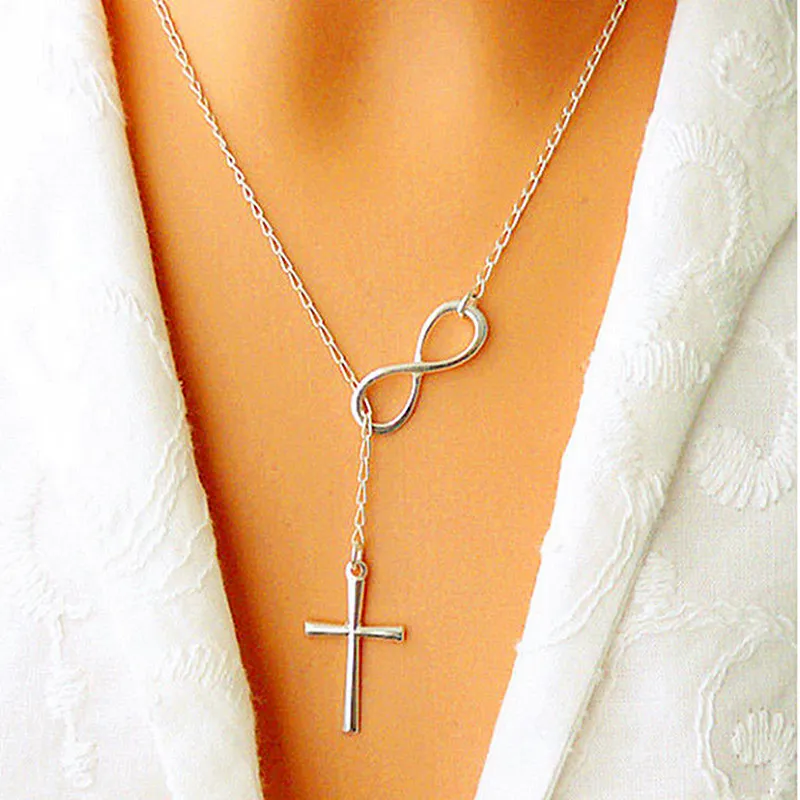 Persoonlijkheid Infinity Cross Lariat Hanger Kettingen Verzilverd Europese Collares Ketting Voor altijd Geloof Ketting Sieraden