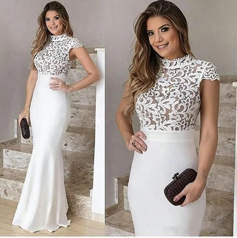 2020 New Style White Evening Gown Elegant High Neck Capped Sleeves Nude Underneath Bodice Fitted Women Dresses Evening Wear