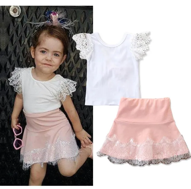 BABY SETS roupas menina do laço 2019 da luva New Verão Crianças Lace Curto Camisetas + rosa Lace Saias 2 Pcs Set Crianças Moda Kids Clothing BY0999
