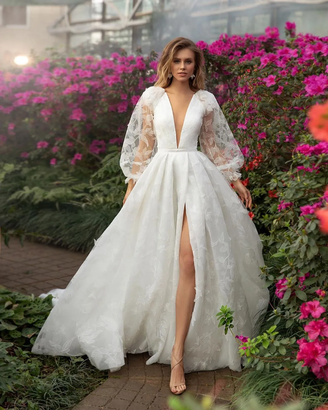 a line lace wedding dress with side split detail A-Line Satin Wedding Dress with High Slit  Chic-Butic