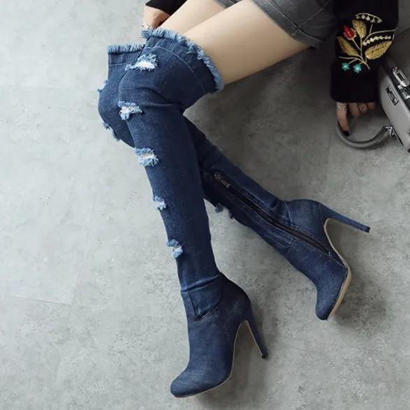 size 33 to 42 43 with box sexy high heels grind old over the knee thigh high boots denim blue boots winter designer boots