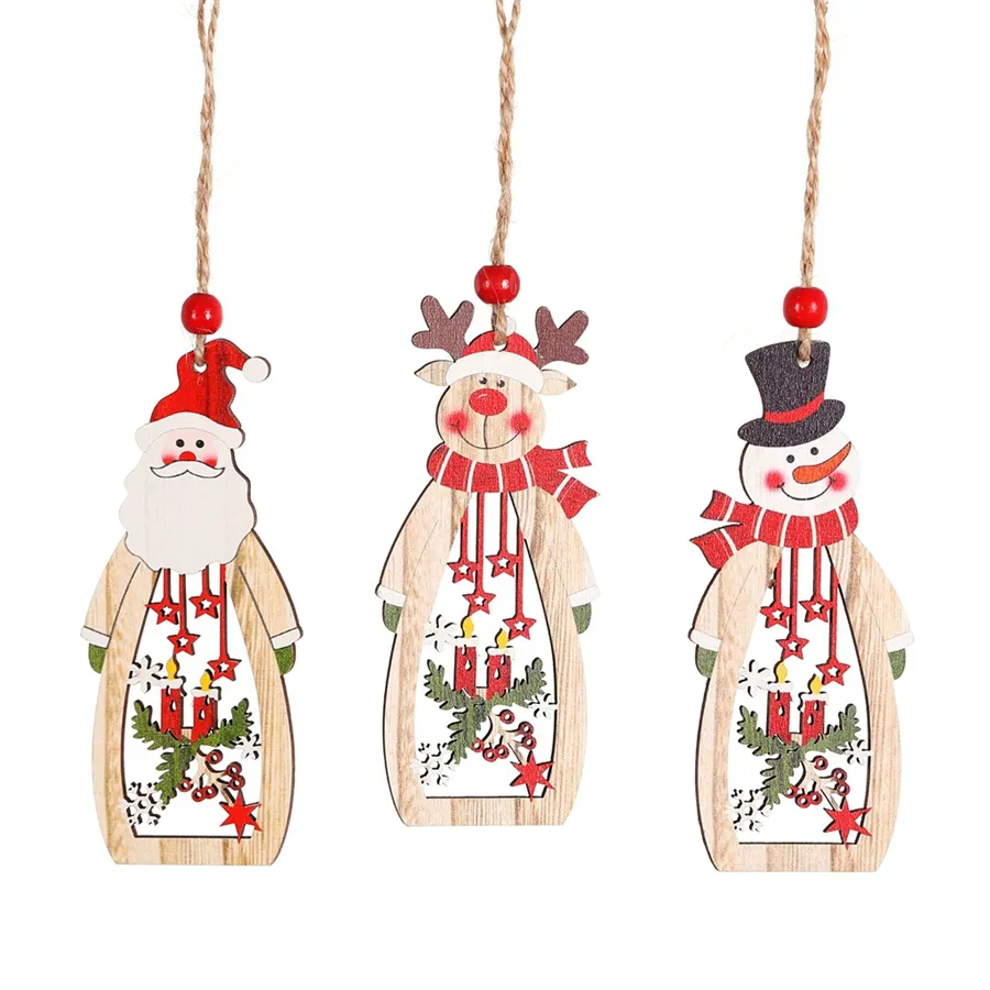 Julgrandekoration hängande trä ihålig Santa Snowman Reindeer Carve Pendant Ornament Xmas Holiday Party Favors XBJK1910