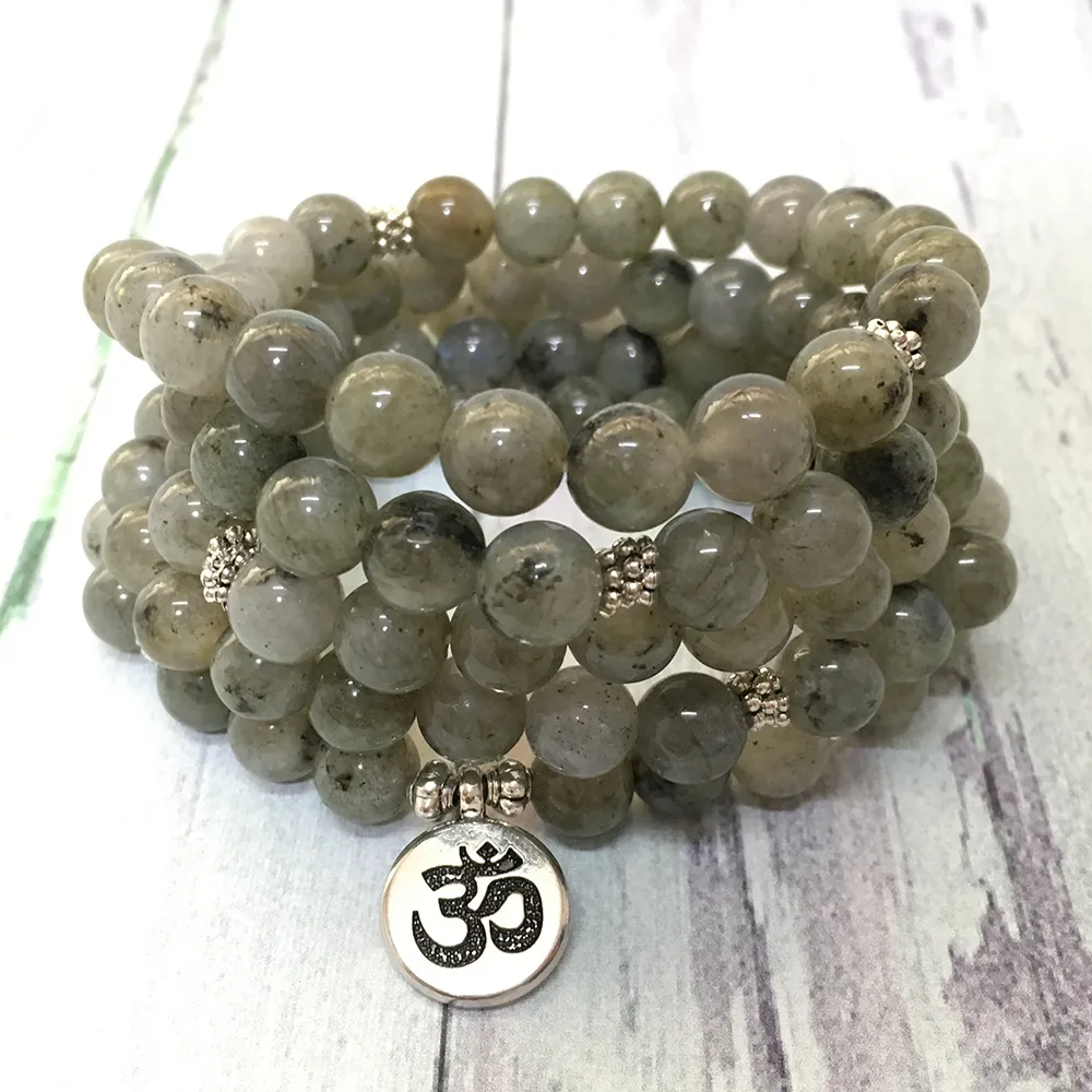 MG0584 Natural Labradorite 108 Mala Women`s Necklace 8 mm Gemstone Ohm Charm Bracelet Personal Power Yoga Bracelet