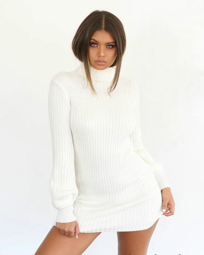 2019 New Brand Solid Winter Cotton Women Knitted Long Sweater Dress Jumper Ladies Winter Top Pullover