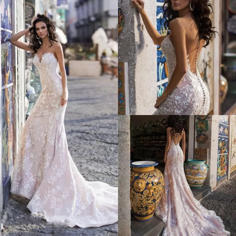 Sexy Country Mermaid Wedding Dresses Sheer Neck Sleeveless Lace Appliques Illusion Bridal Gowns Blush Pink Plus Size Boho Wedding Dress
