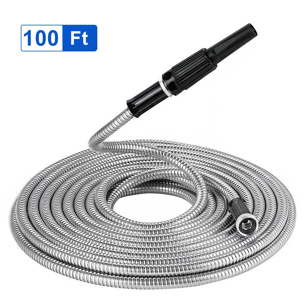 100 Ft Stainless Steel Metal Garden Water Hose Lightweight Flexible