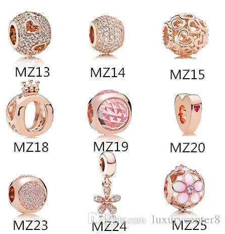 Autentyczne 925 Sterling Silver Pasujący Pandora Bransoletka Różowe Złote Koraliki Kwiat Charms Dla Europejskiej Snake Chain Naszyjnik Moda DIY Biżuteria