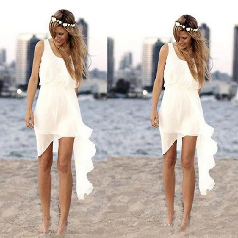 Abiti da sposa corti in chiffon da spiaggia economici scollo rotondo senza maniche abiti da damigella d'onore abiti da sposa estivi Boho taglia personalizzata