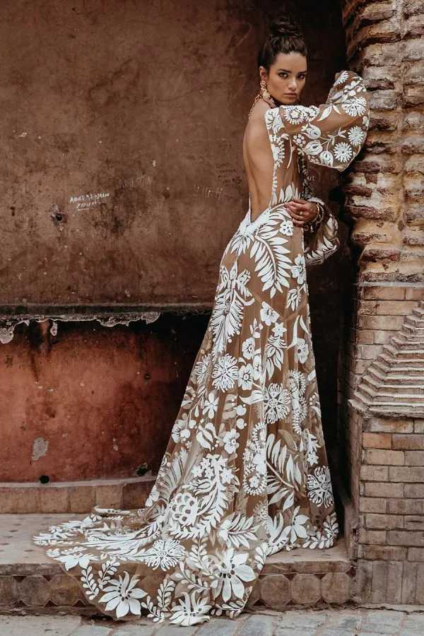 chinese dress ladies Sexy Boho Wedding Dress with Long Lace Sleeves