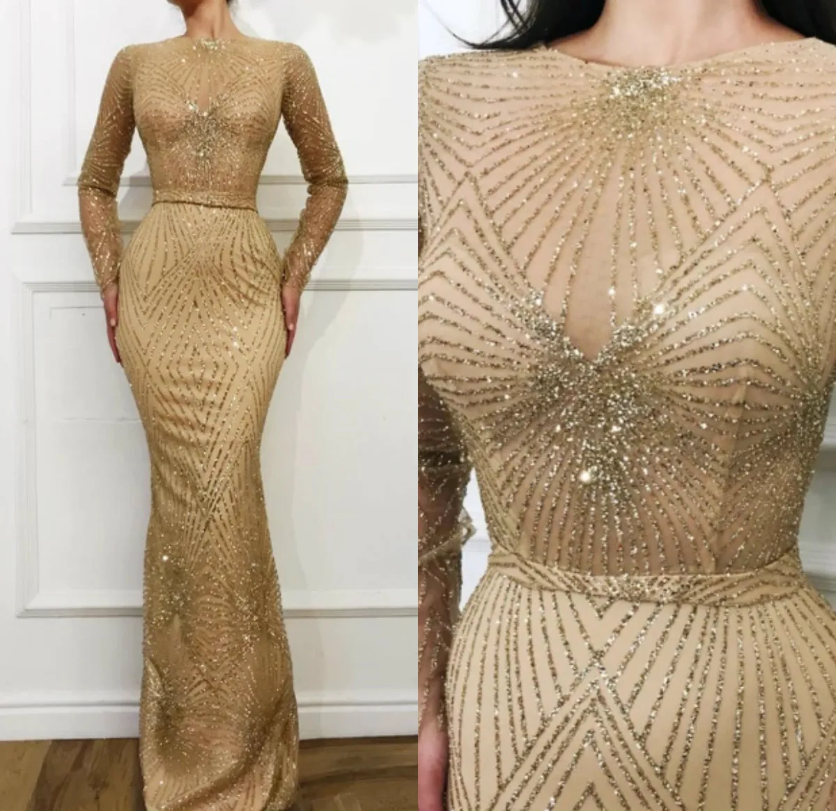 Gold Meerjungfrau Abendkleider 2020 Jewel Neck Spitze Perlen Bodenlangen Langarm Abendkleid Arabisch Dubai Anlass Formelle Kleider