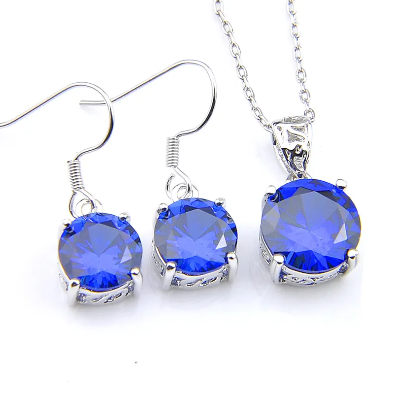 LuckyShine 5 Ensembles Boucles d'Oreilles et Pendentif en Zircon de Cristal Bleu Rond Collier en Argent 925 Ensembles de Mariage de Mode pour Femmes LIVRAISON GRATUITE!