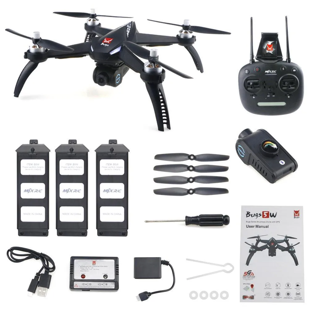 MJX Bugs 5 W B5W 1080p FHD 5G WiFi FPV RC Quadcopter med enaxel Gimble GPS Följ mig Mode RTF - Tre batterier